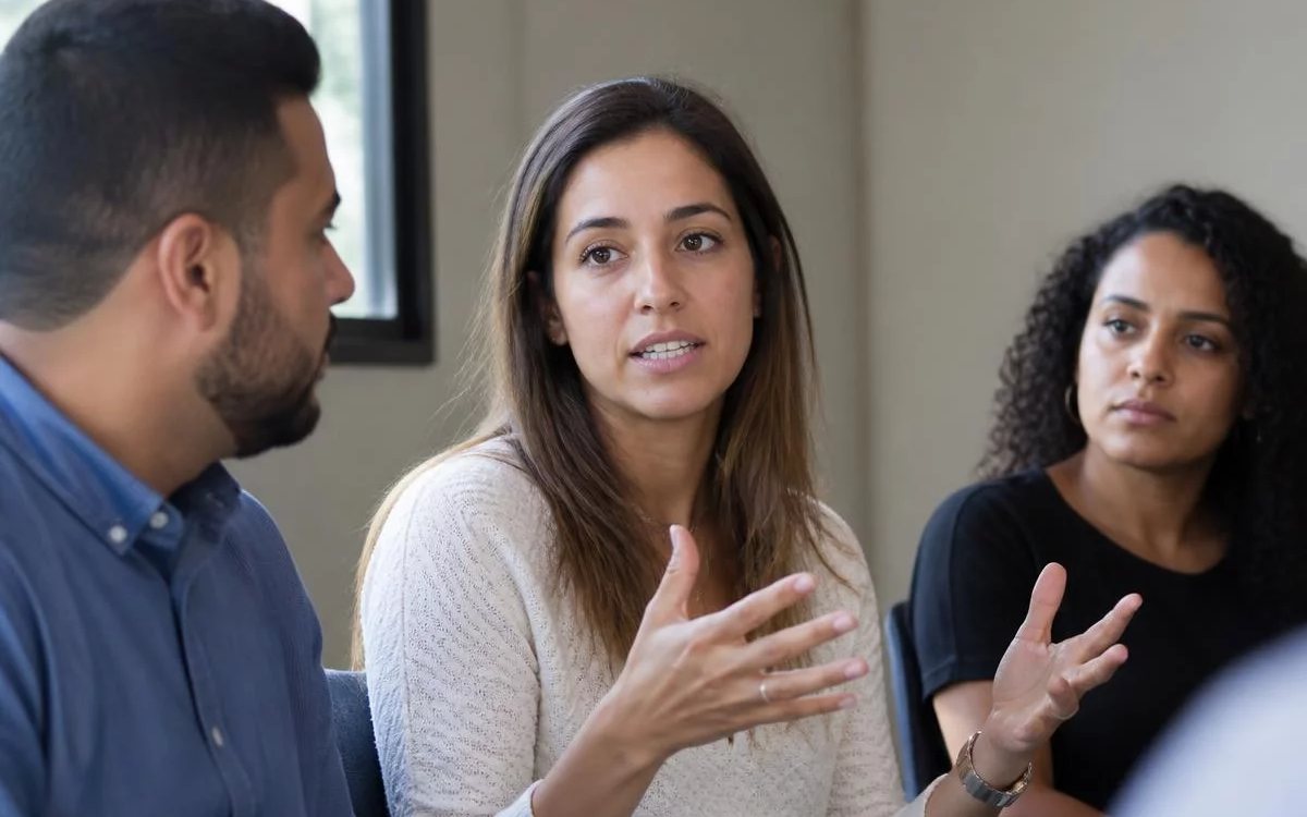 Roda de conversa numa sala clara, com uma pessoa expondo o ponto e duas escutando
