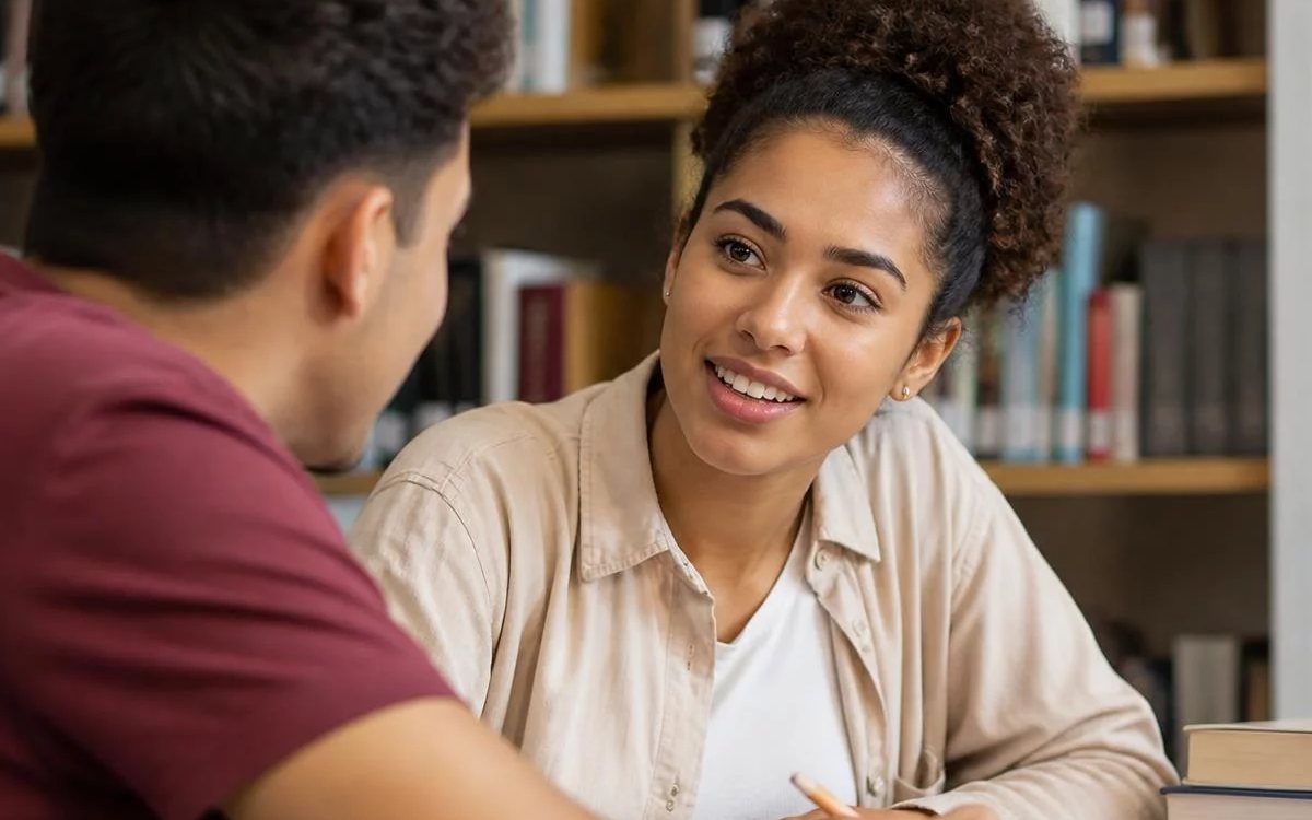 Três pessoas sentadas a uma mesa comprida, no meio de uma conversa numa sala de janelas altas