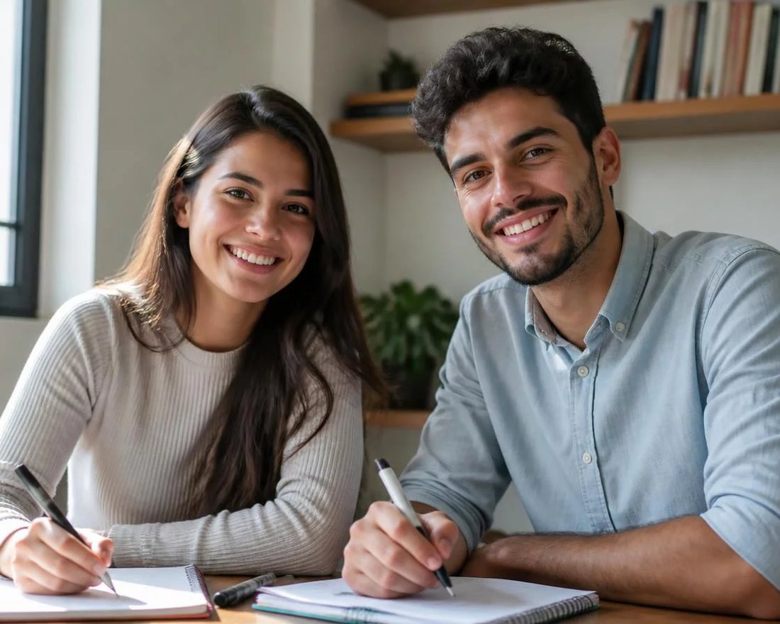 Reunião de trabalho em volta de uma mesa com laptop, papéis e xícaras, alguém defendendo uma proposta