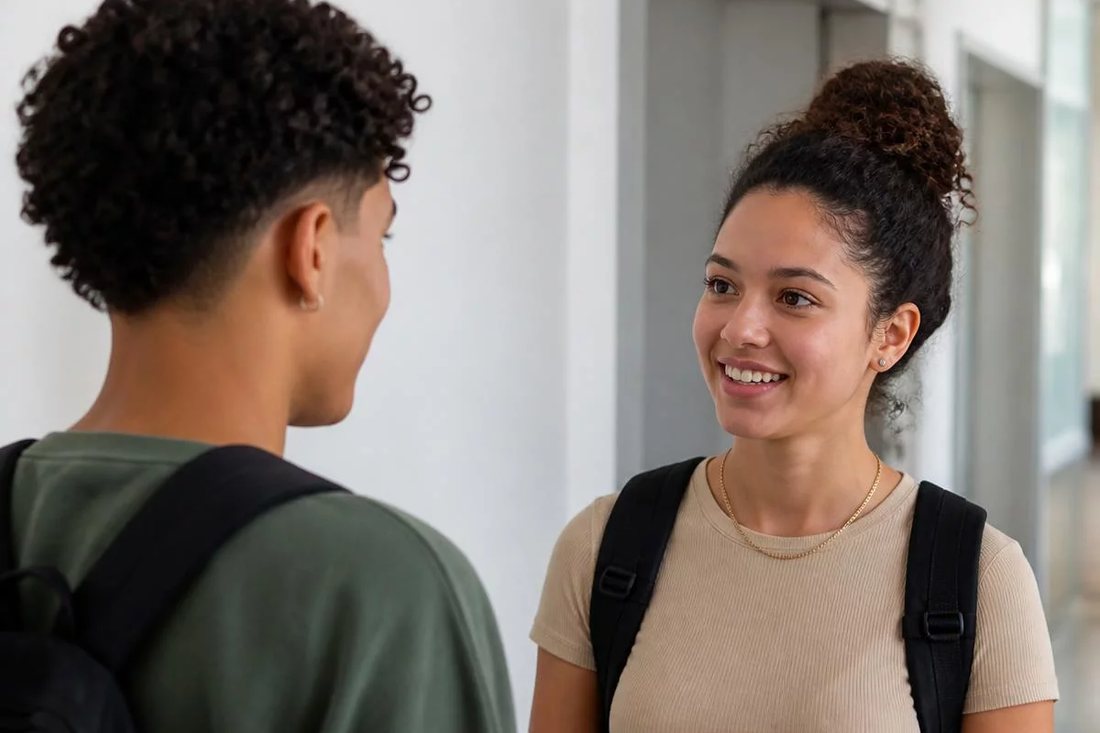 Dois estudantes de mochila continuam a discussão no corredor depois da sessão